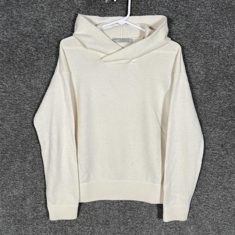 Vince Sweater Womens XS White Cashmere Wool Hooded V Neck Pullover Knit